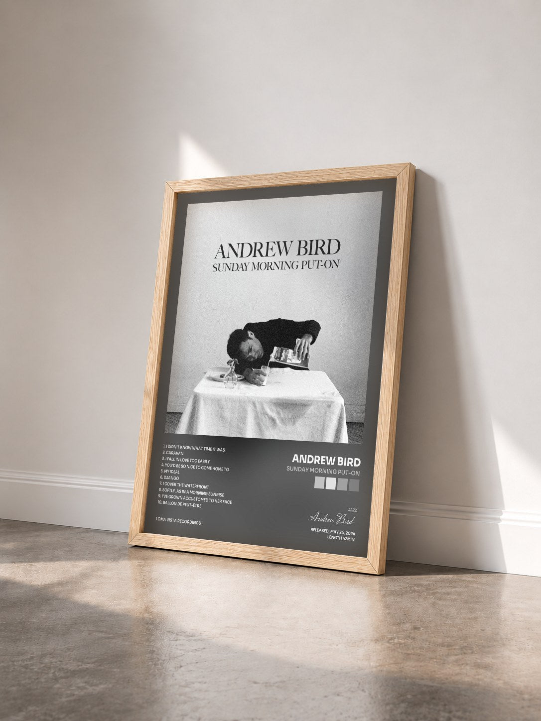 #bois Tableau de l'album Sunday Morning Put-On de Andrew Bird vu de trois quarts, cadre en bois brut
