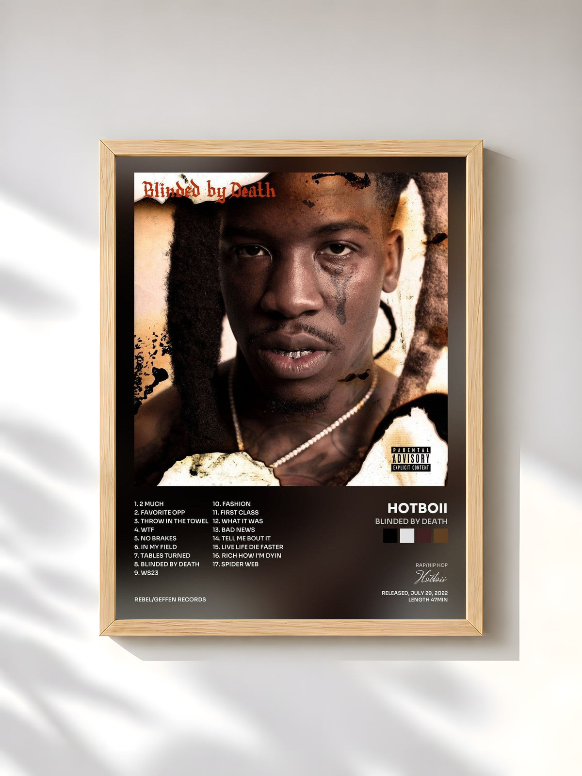 #bois Tableau de l'album Blinded By Death de Hotboii, cadre en bois brut, imprimé et encadré en France