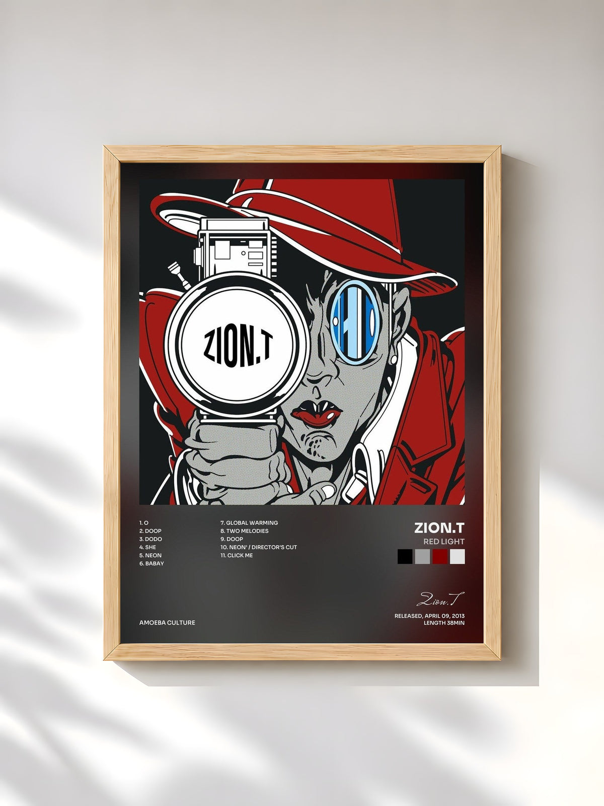 #bois Tableau de l'album Red Light de Zion.T, cadre en bois brut, imprimé et encadré en France