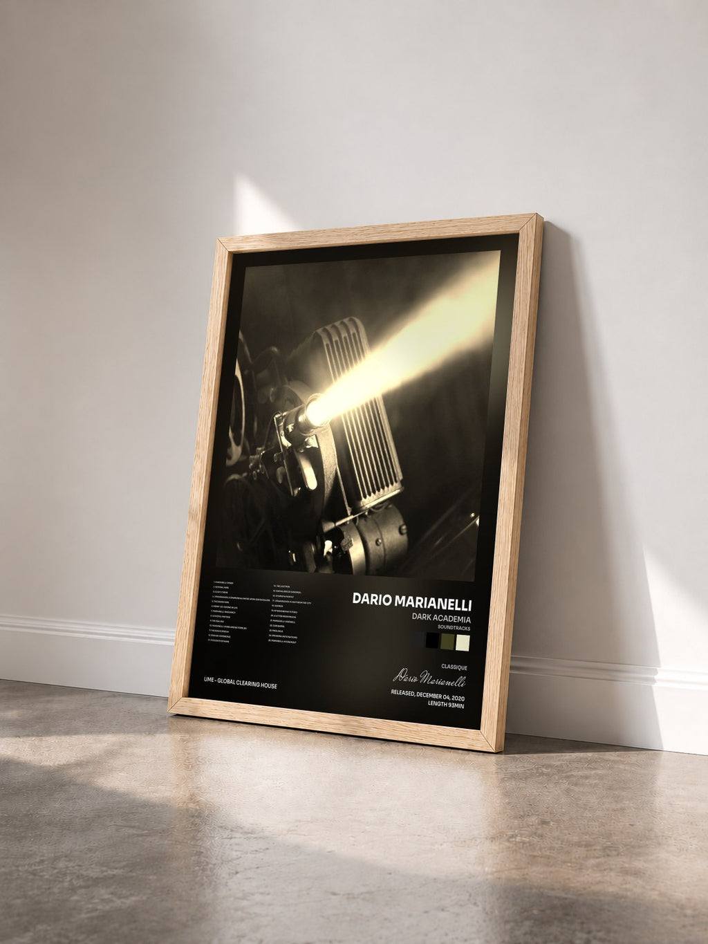 #bois Tableau de l'album dark academia (soundtracks) de Dario Marianelli vu de trois quarts, cadre en bois brut