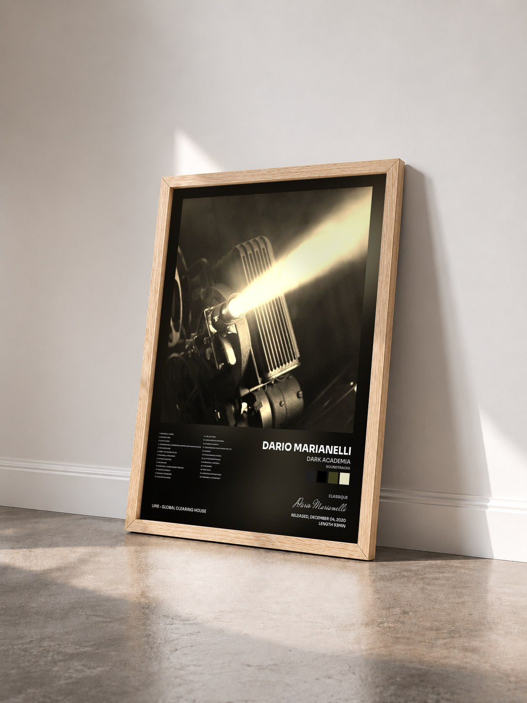#bois Tableau de l'album dark academia (soundtracks) de Dario Marianelli vu de trois quarts, cadre en bois brut