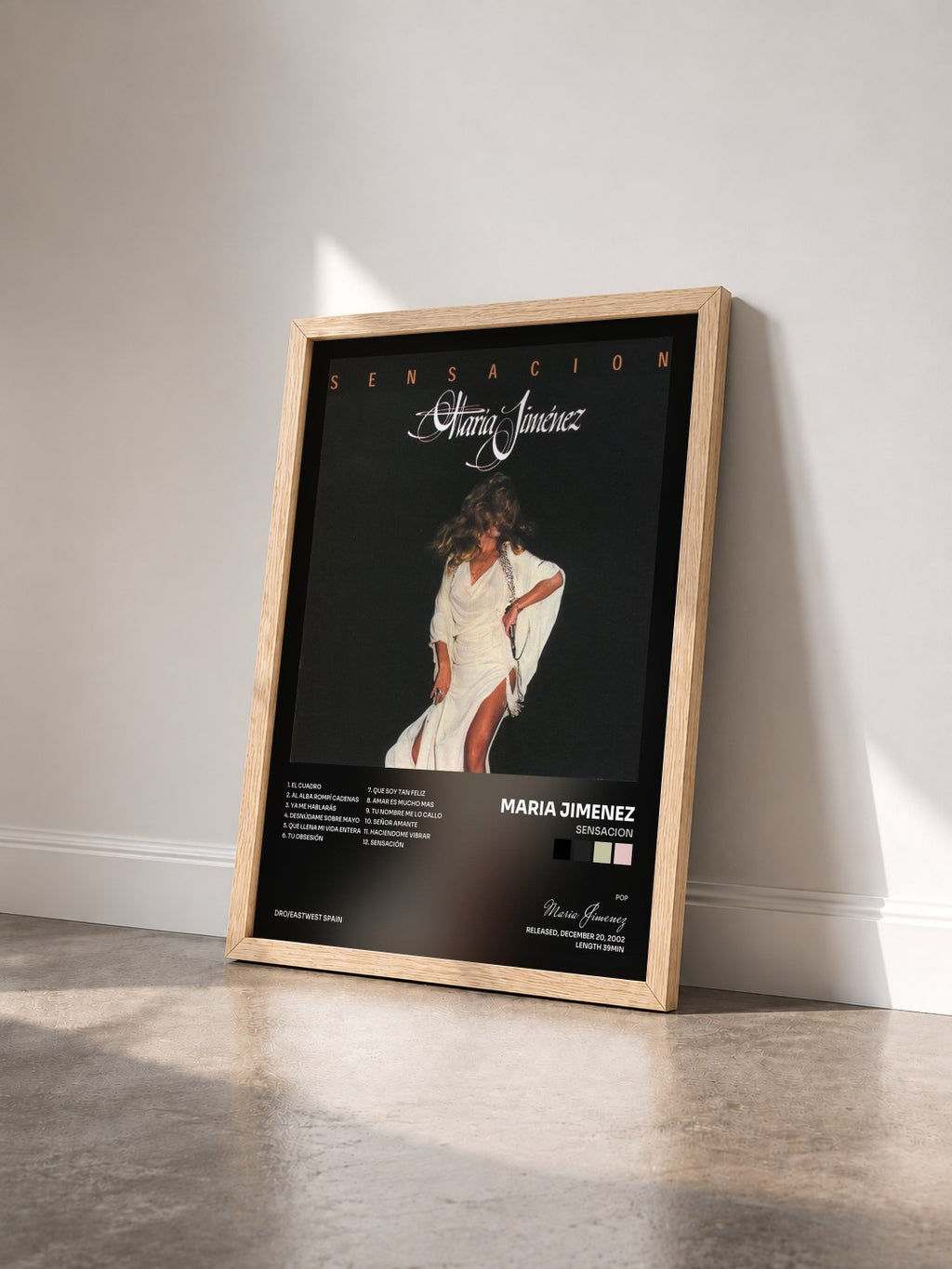 #bois Tableau de l'album Sensacion de Maria Jimenez vu de trois quarts, cadre en bois brut