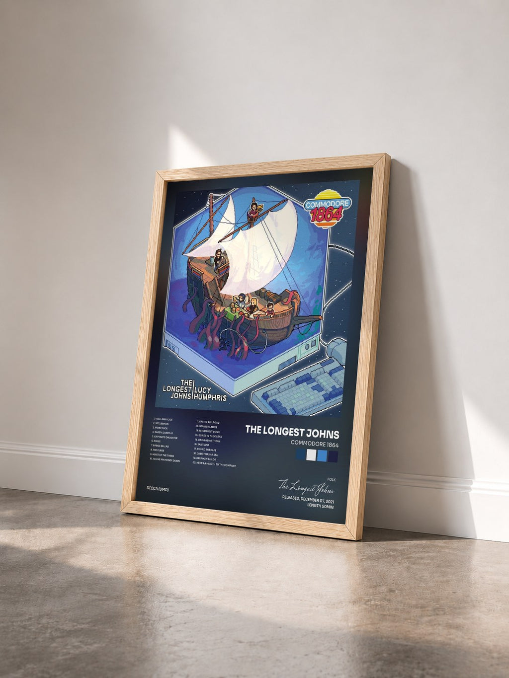 #bois Tableau de l'album Commodore 1864 de The Longest Johns vu de trois quarts, cadre en bois brut