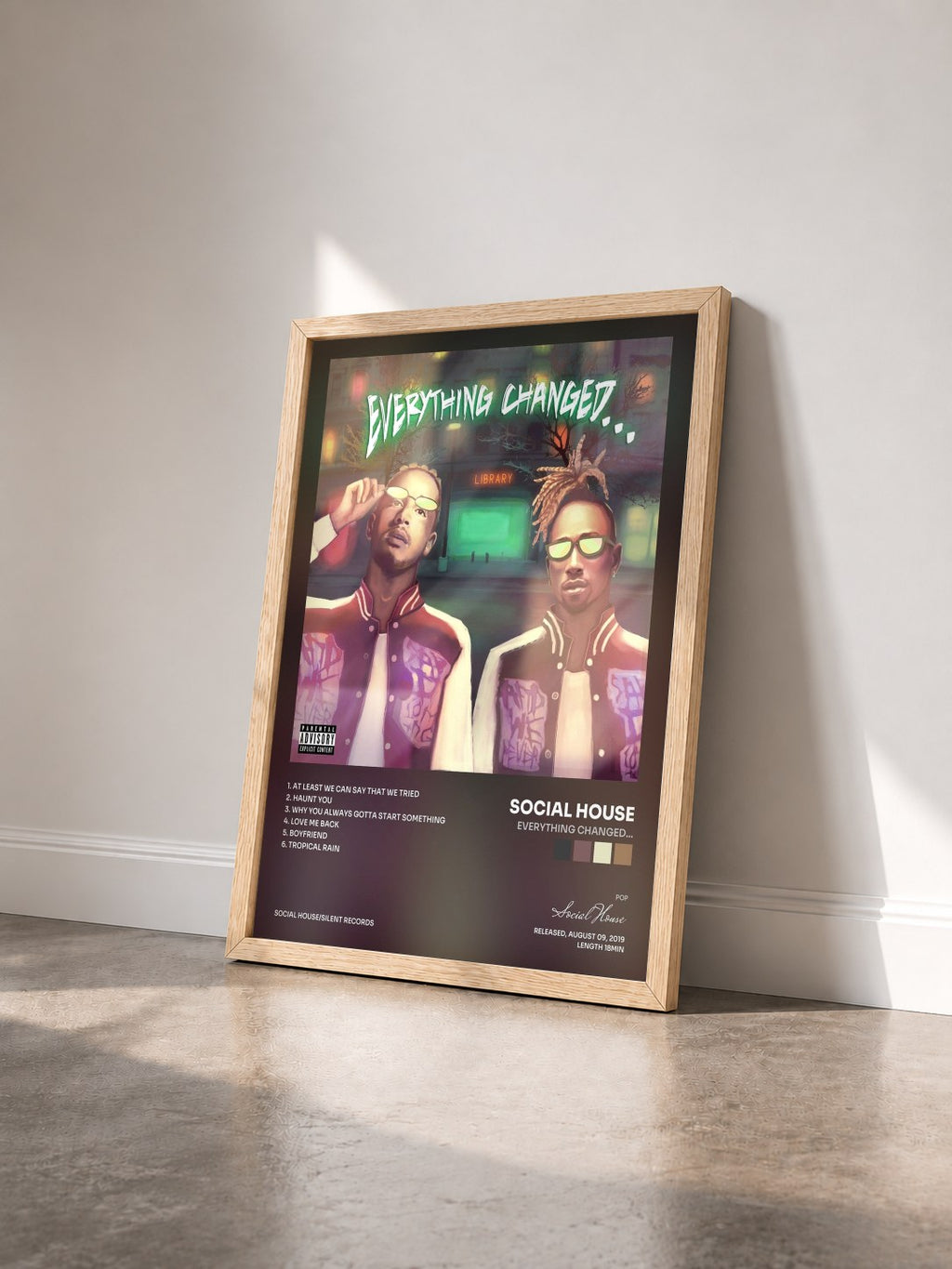 #bois Tableau de l'album Everything Changed… de Social House vu de trois quarts, cadre en bois brut