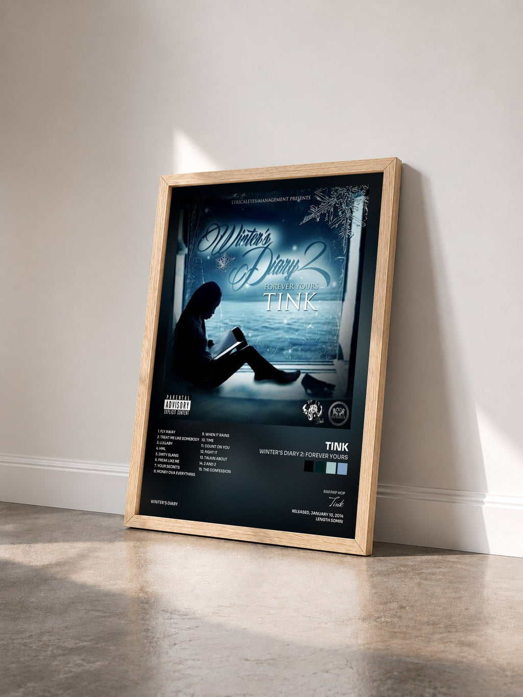 #bois Tableau de l'album Winter's Diary 2: Forever Yours de Tink vu de trois quarts, cadre en bois brut