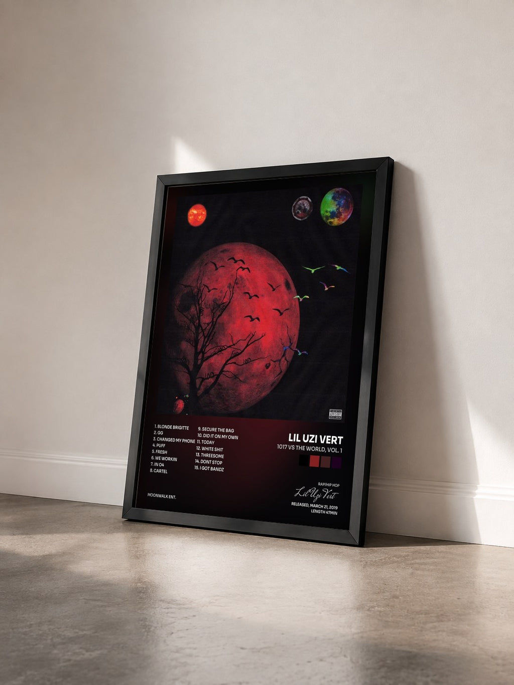 #noir Tableau de l'album 1017 Vs The World, Vol. 1 de Lil Uzi Vert vu de trois quarts, cadre noir