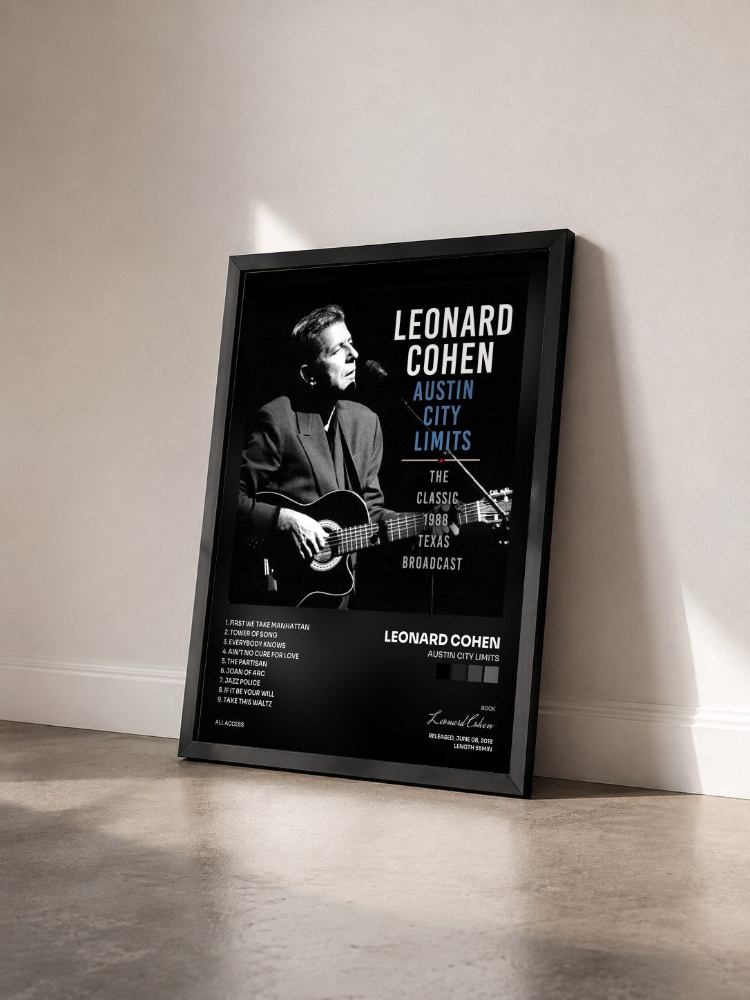 #noir Tableau de l'album Austin City Limits de Leonard Cohen vu de trois quarts, cadre noir