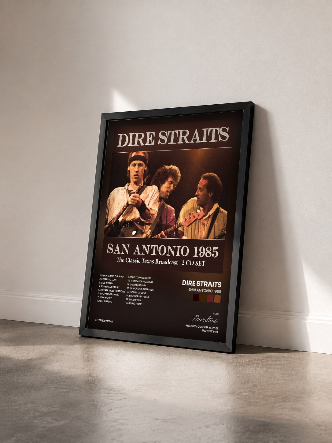 #noir Tableau de l'album San Antonio 1985 de Dire Straits vu de trois quarts, cadre noir