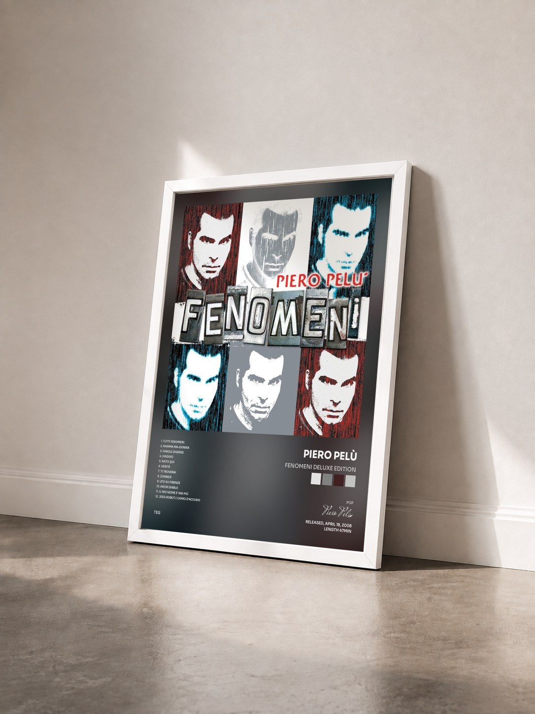 #blanc Tableau de l'album Fenomeni Deluxe Edition de Piero Pelù vu de trois quarts, cadre blanc