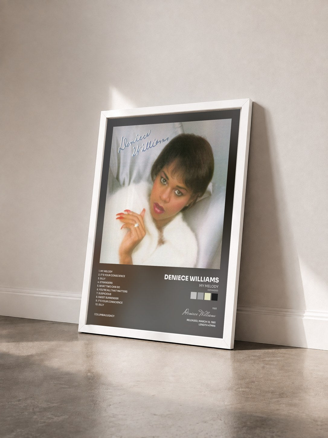 #blanc Tableau de l'album My Melody (Expanded) de Deniece Williams vu de trois quarts, cadre blanc