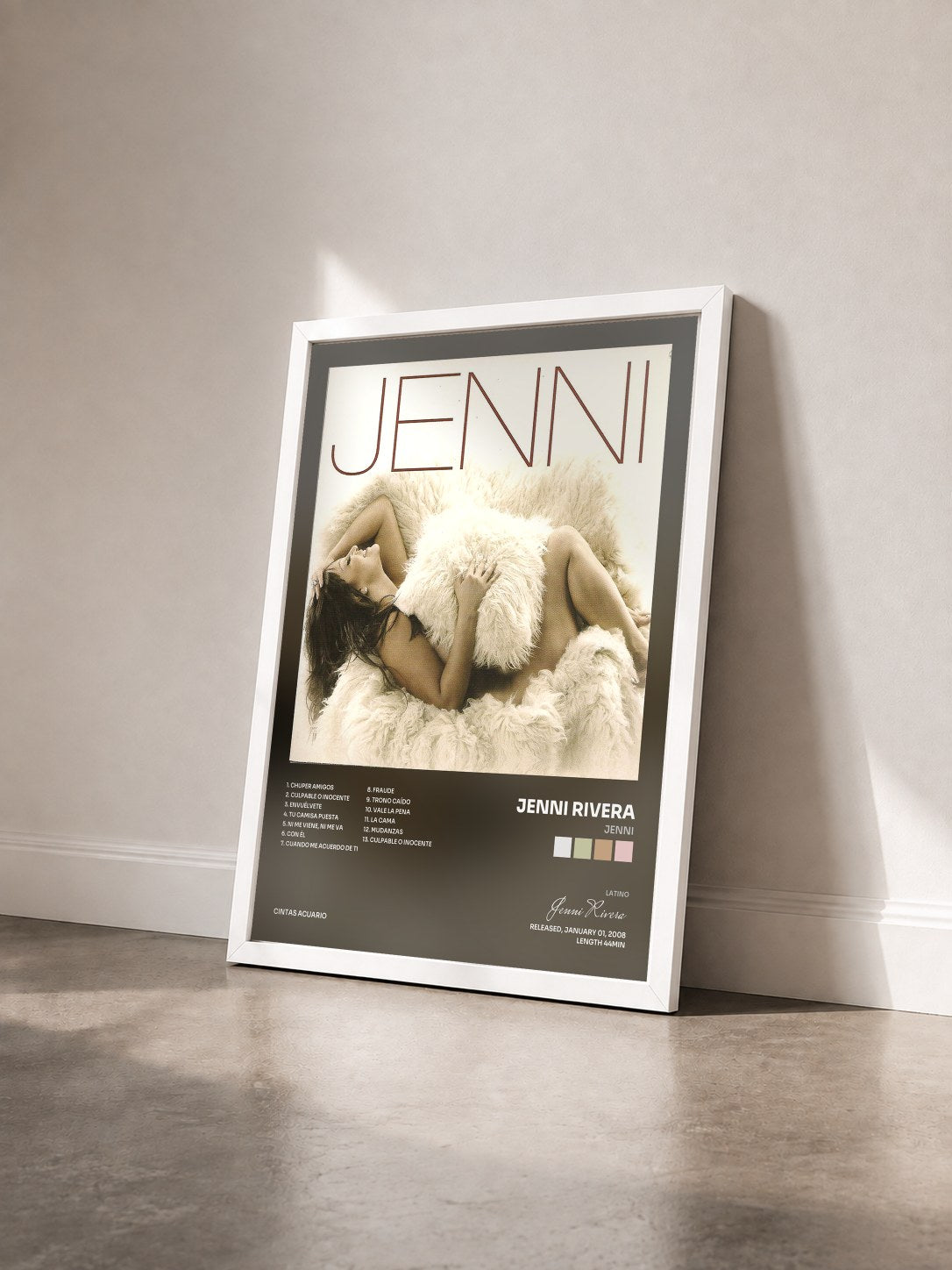 #blanc Tableau de l'album Jenni de Jenni Rivera vu de trois quarts, cadre blanc