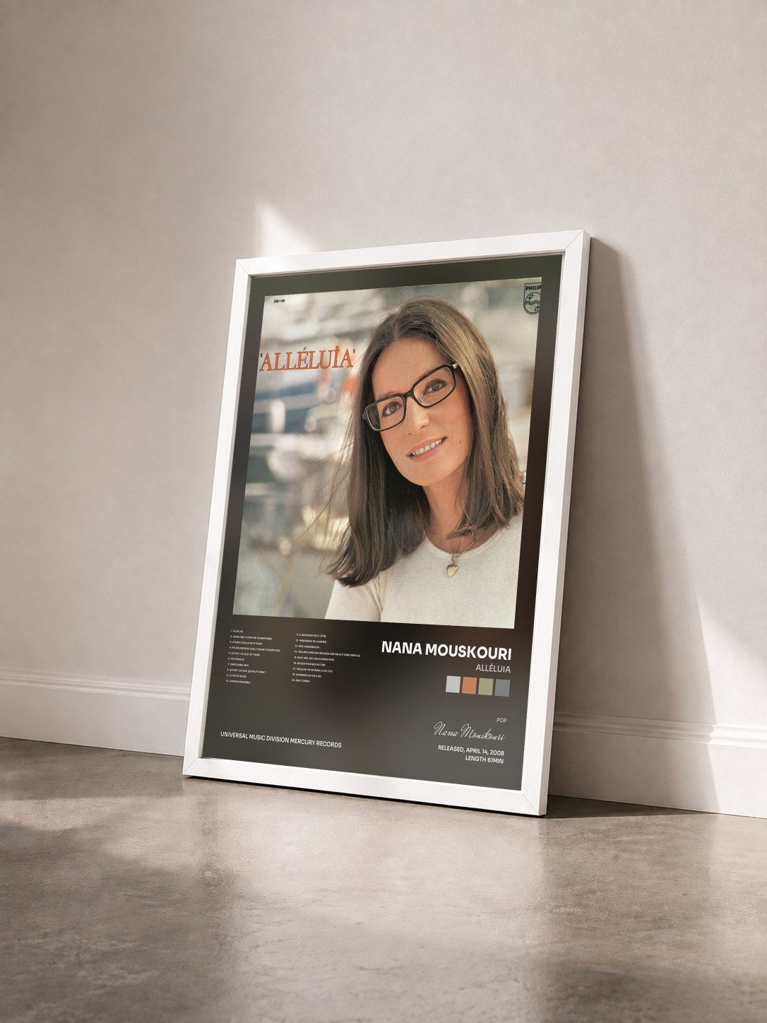 #blanc Tableau de l'album Alléluia de Nana Mouskouri vu de trois quarts, cadre blanc
