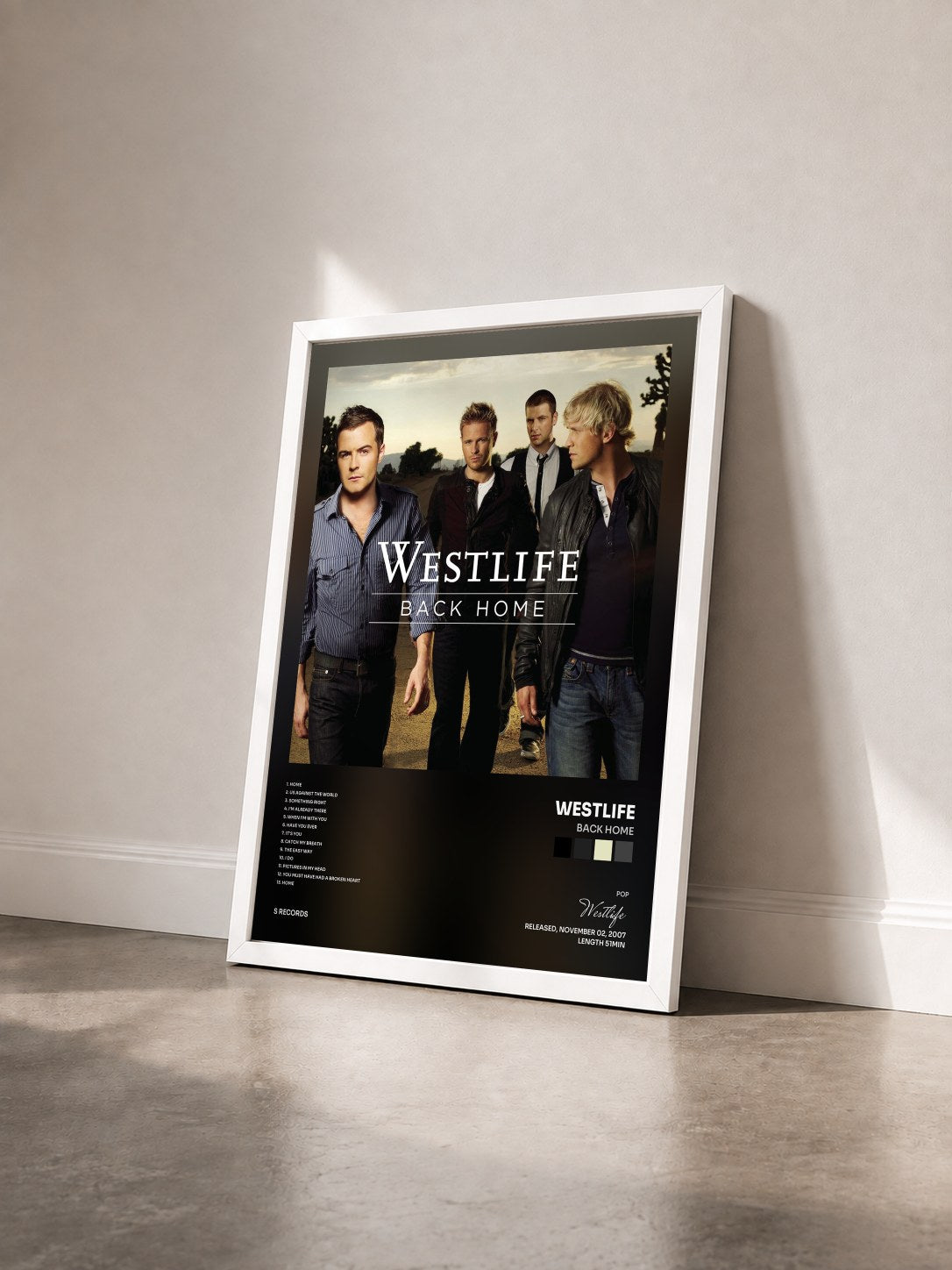 #blanc Tableau de l'album Back Home de Westlife vu de trois quarts, cadre blanc