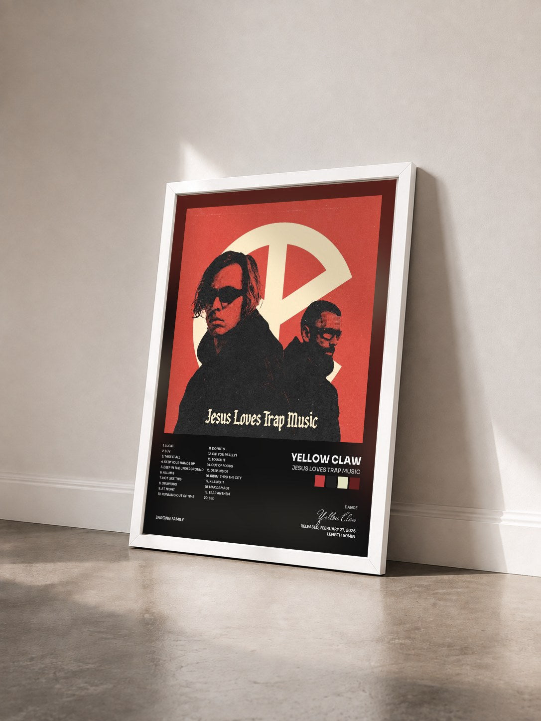 #blanc Tableau de l'album Jesus Loves Trap Music de Yellow Claw vu de trois quarts, cadre blanc