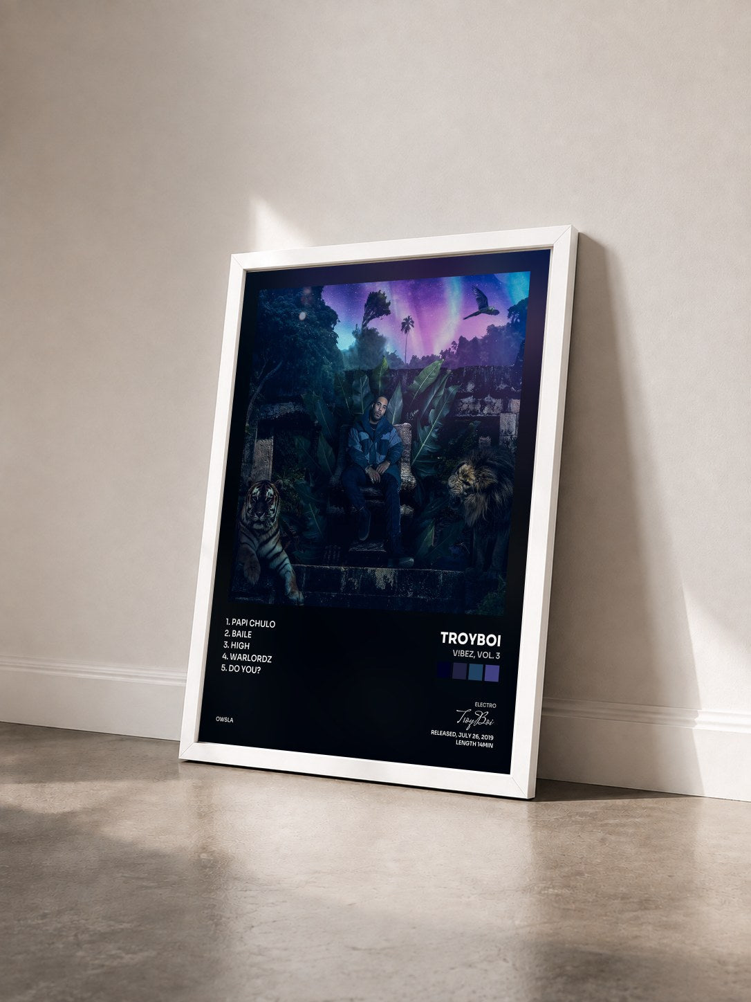 #blanc Tableau de l'album V!BEZ, Vol. 3 de TroyBoi vu de trois quarts, cadre blanc