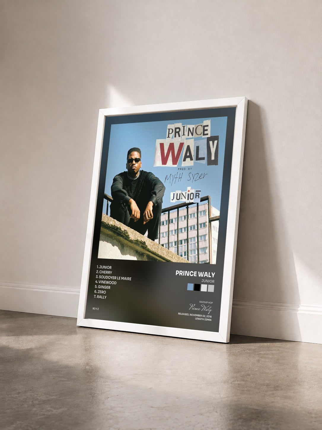 #blanc Tableau de l'album Junior de Prince Waly vu de trois quarts, cadre blanc