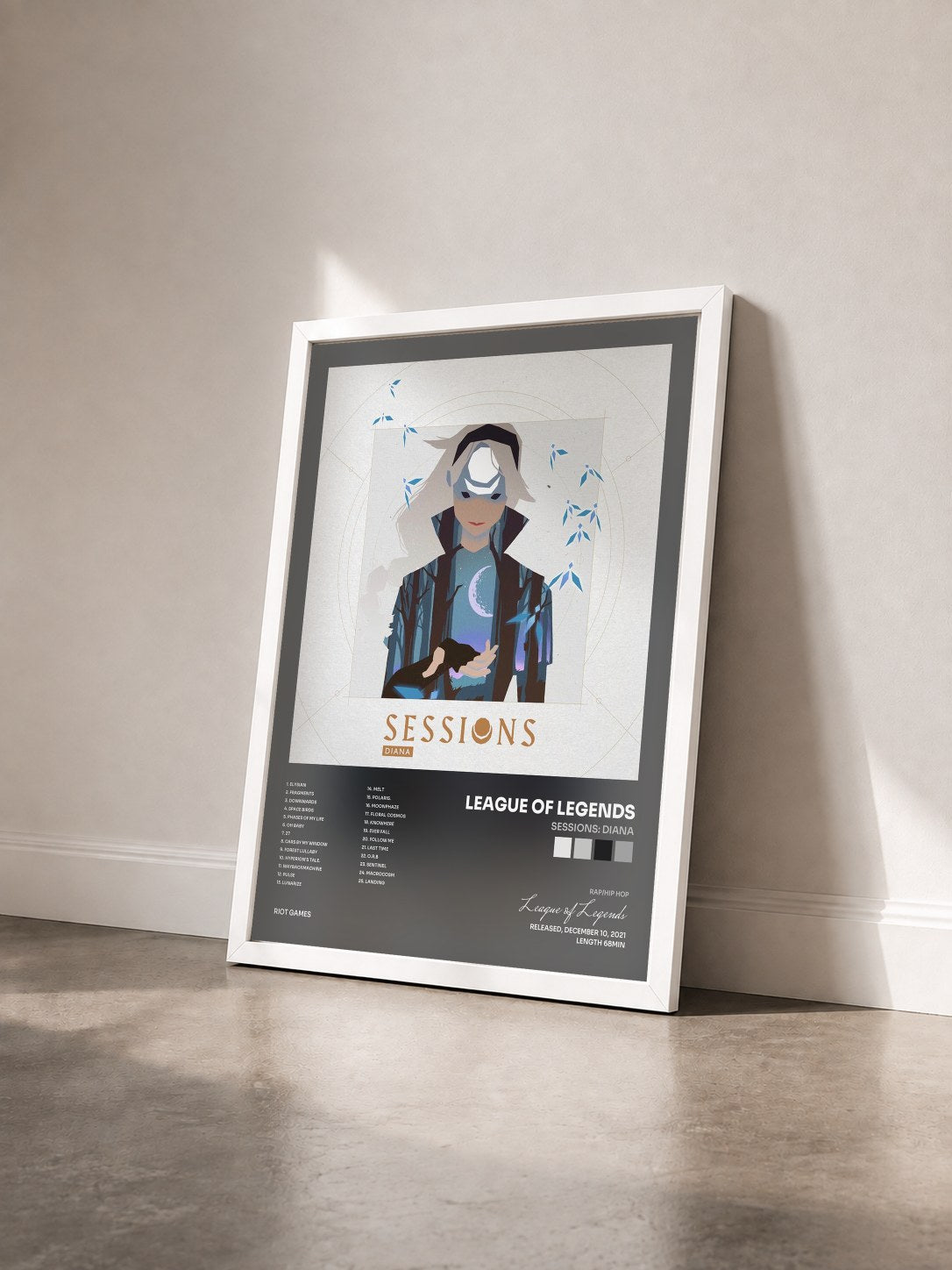 #blanc Tableau de l'album Sessions: Diana de League of Legends vu de trois quarts, cadre blanc