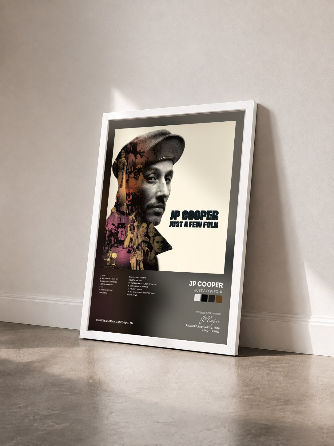 #blanc Tableau de l'album Just A Few Folk de JP Cooper vu de trois quarts, cadre blanc