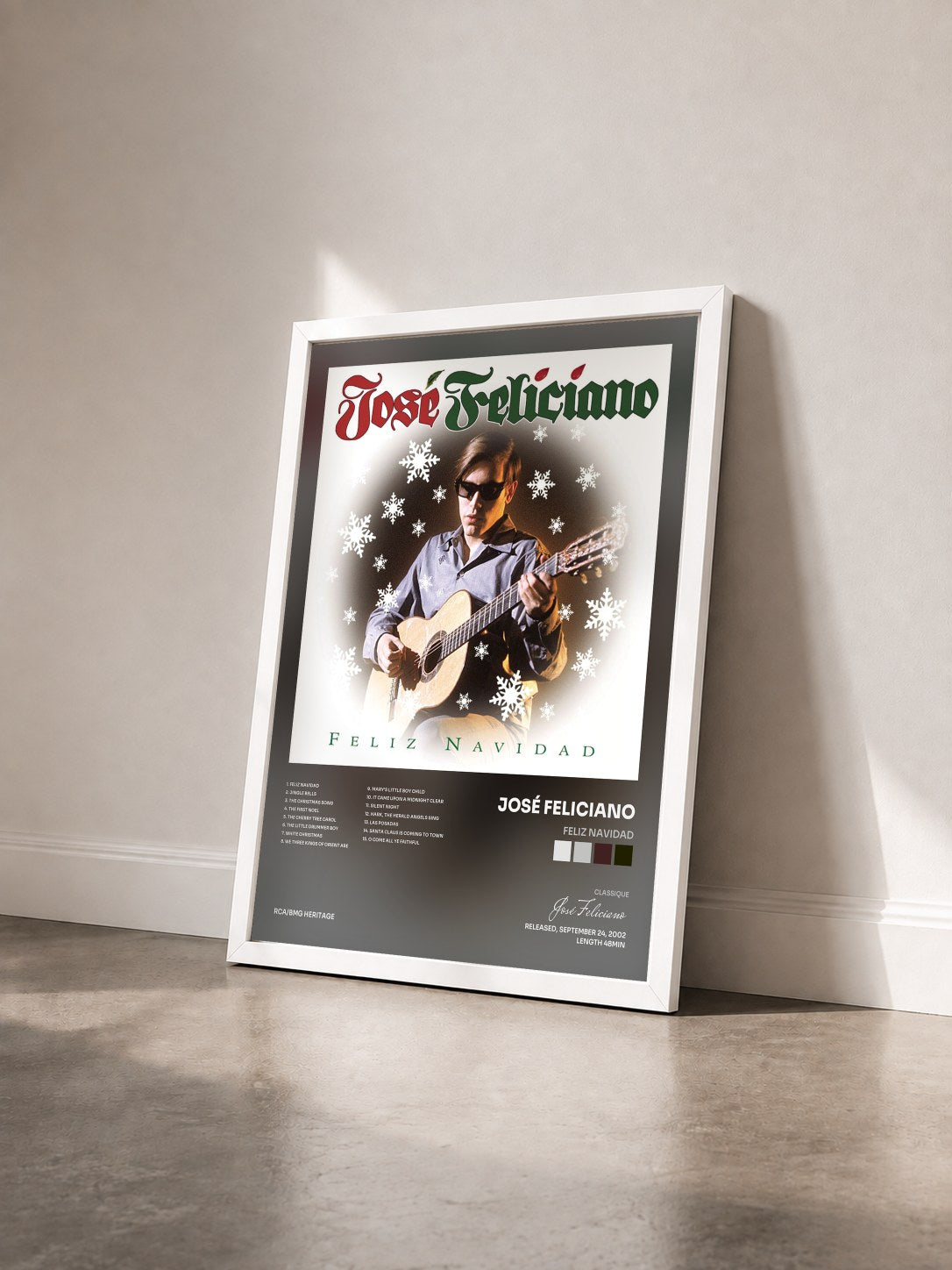 #blanc Tableau de l'album Feliz Navidad de José Feliciano vu de trois quarts, cadre blanc