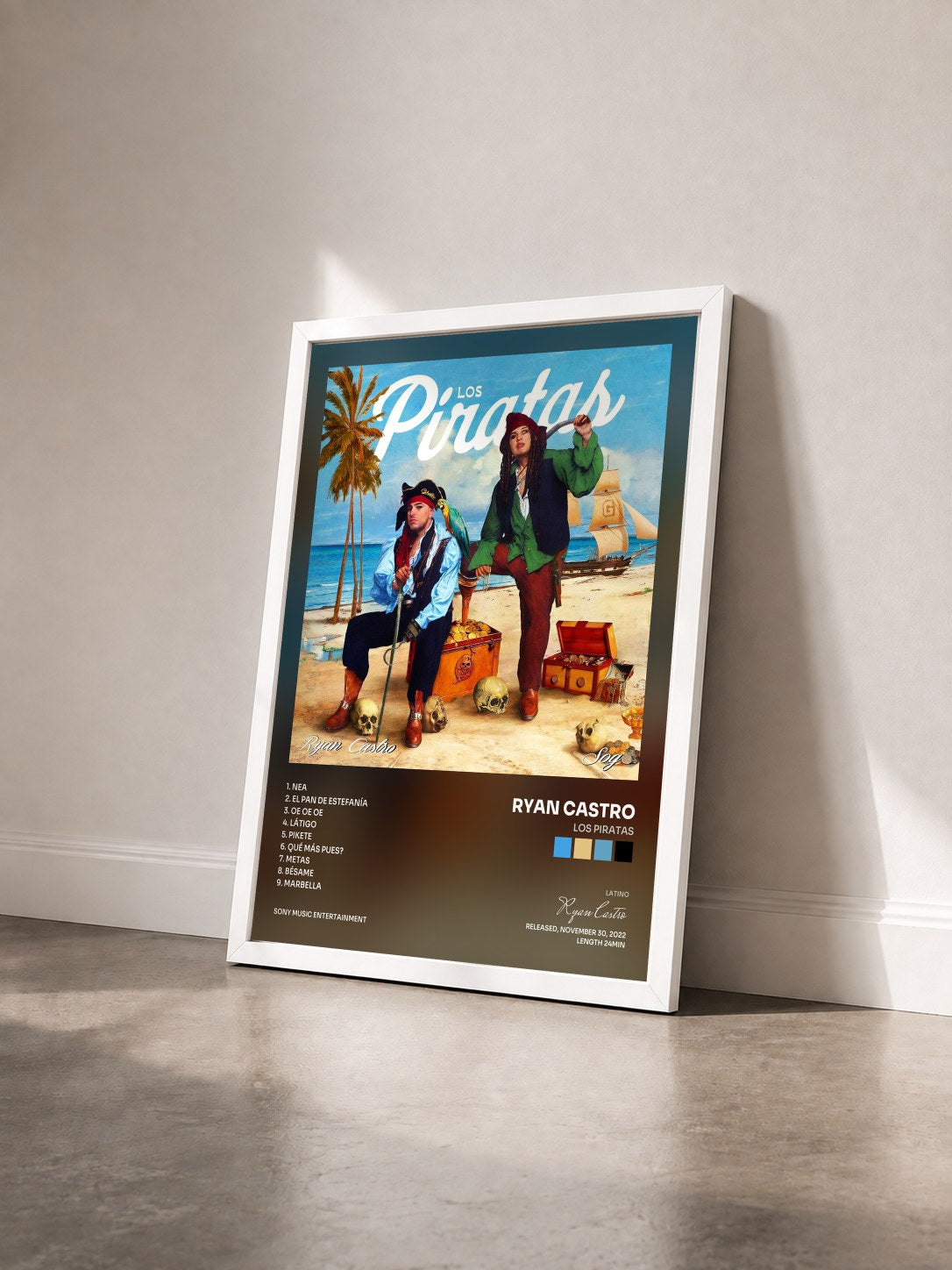 #blanc Tableau de l'album Los Piratas de Ryan Castro vu de trois quarts, cadre blanc