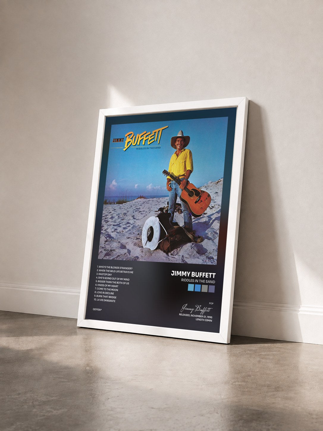 #blanc Tableau de l'album Riddles In The Sand de Jimmy Buffett vu de trois quarts, cadre blanc