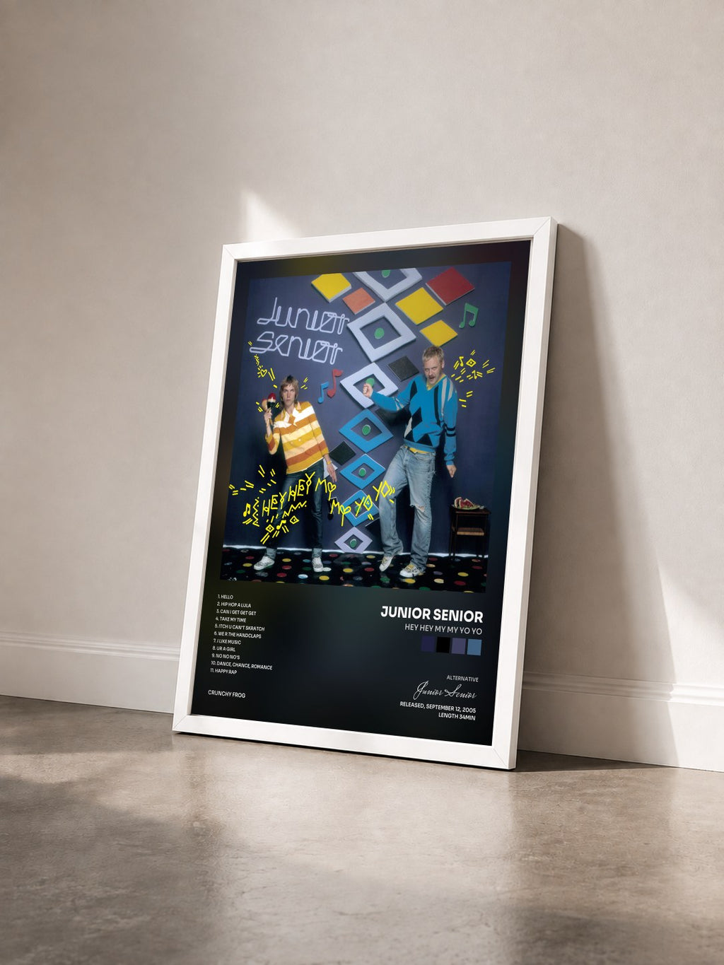#blanc Tableau de l'album Hey Hey My My Yo Yo de Junior Senior vu de trois quarts, cadre blanc