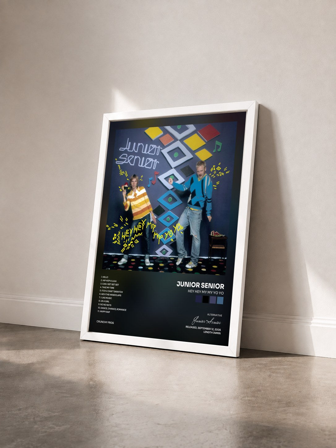#blanc Tableau de l'album Hey Hey My My Yo Yo de Junior Senior vu de trois quarts, cadre blanc