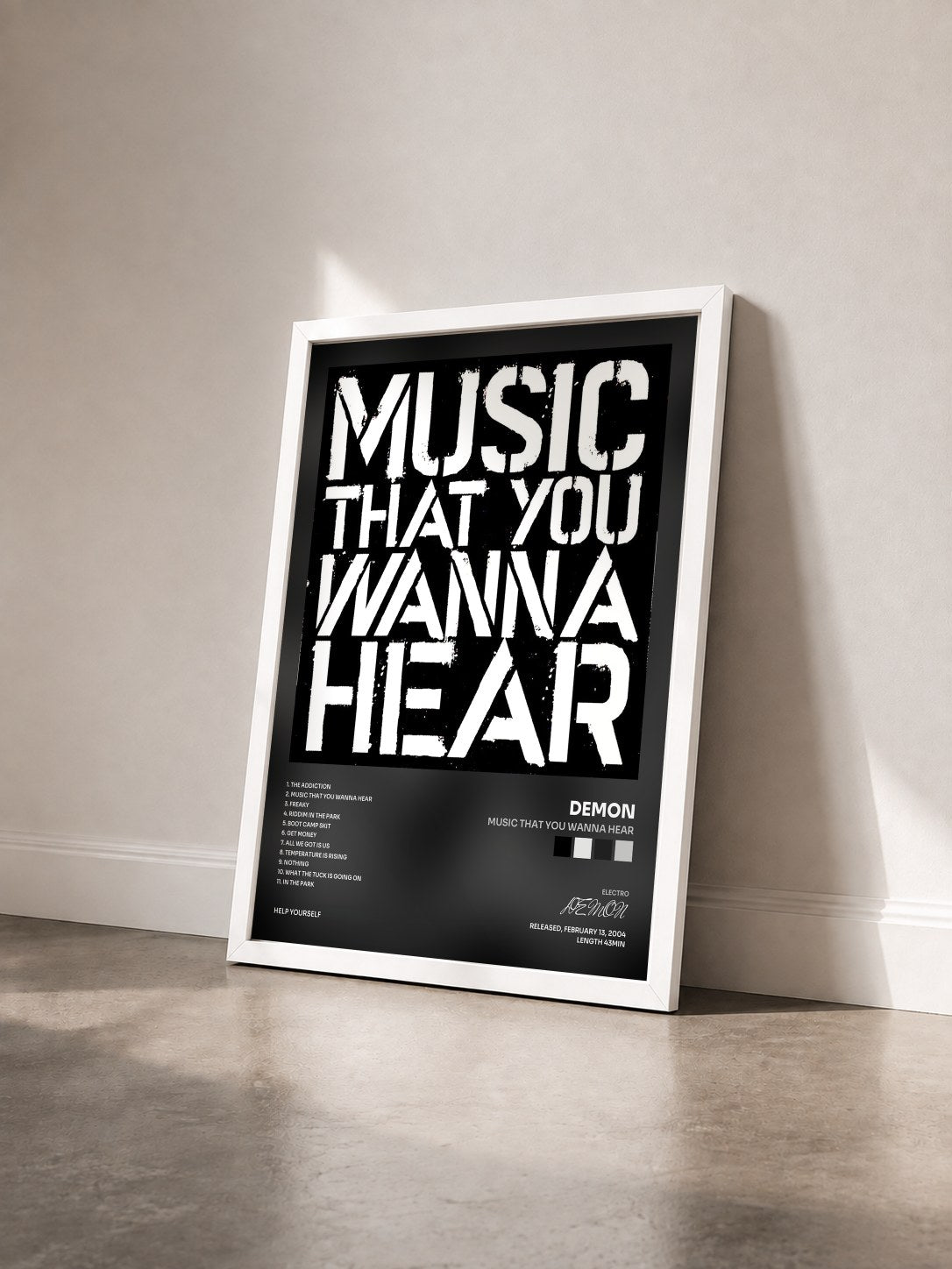 #blanc Tableau de l'album Music That You Wanna Hear de DEMON vu de trois quarts, cadre blanc