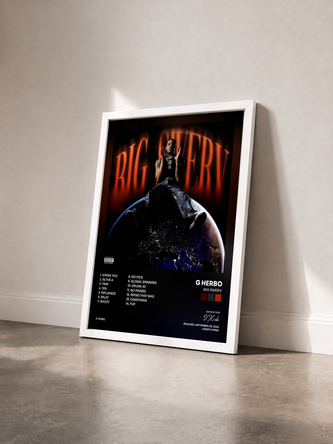 #blanc Tableau de l'album Big Swerv de G Herbo vu de trois quarts, cadre blanc