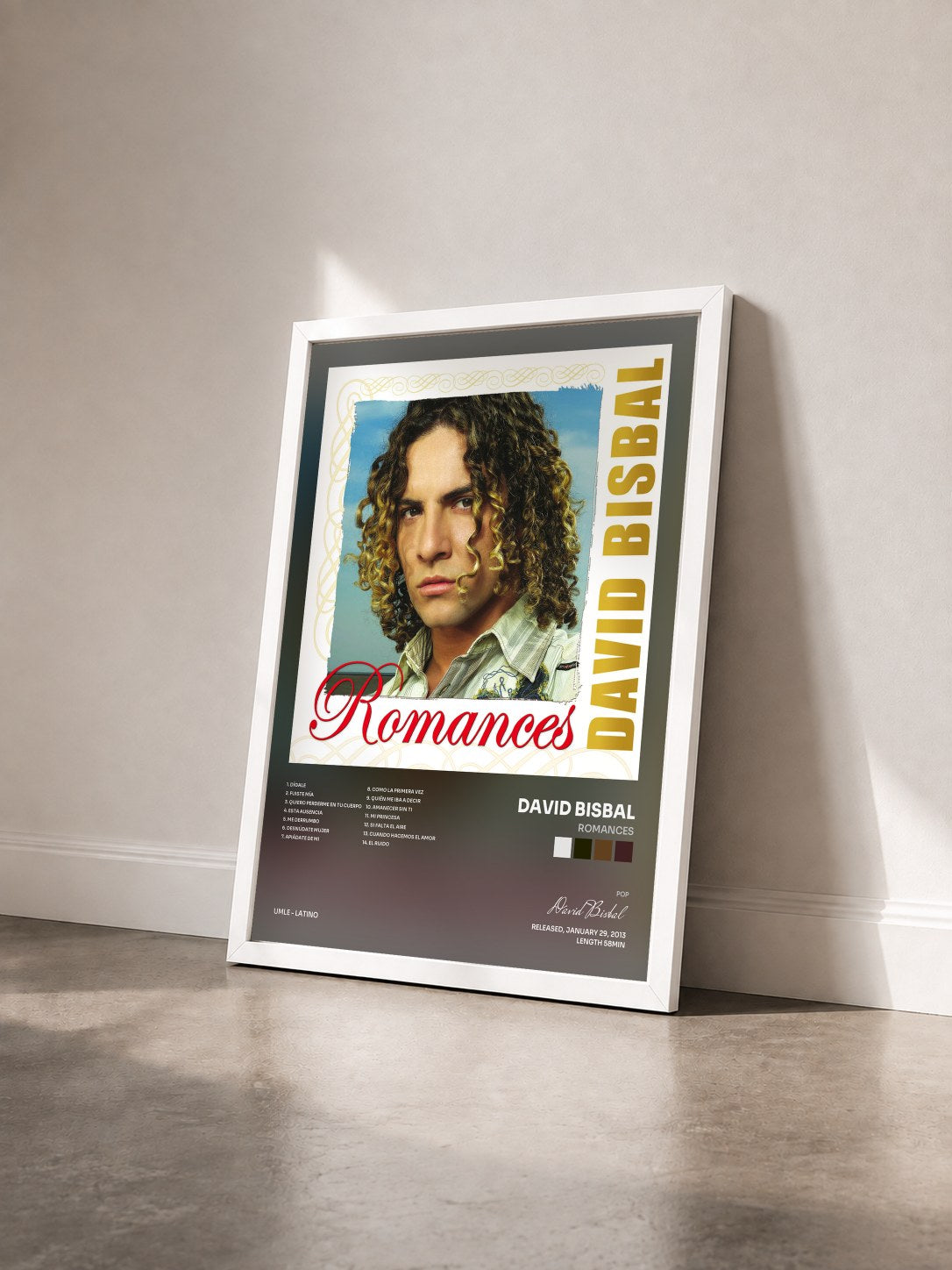 #blanc Tableau de l'album Romances de David Bisbal vu de trois quarts, cadre blanc