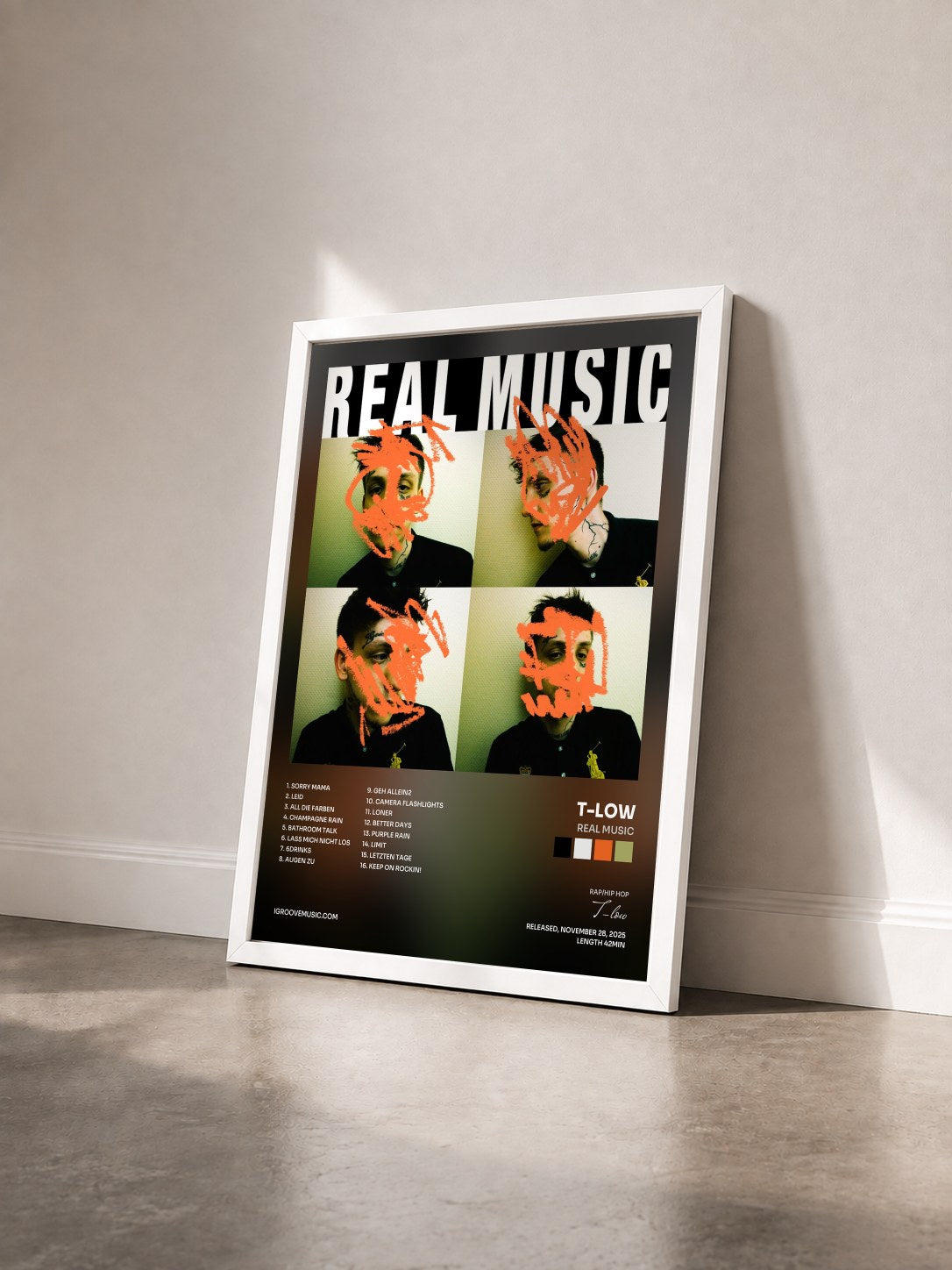 #blanc Tableau de l'album REAL MUSIC de T-low vu de trois quarts, cadre blanc