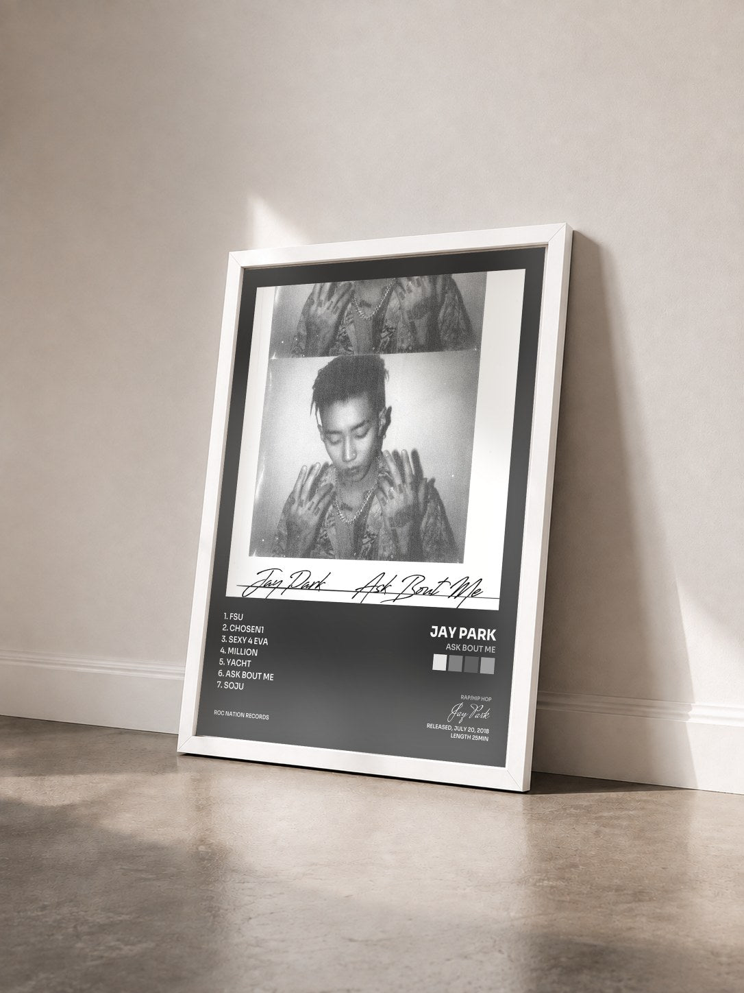 #blanc Tableau de l'album Ask Bout Me de Jay Park vu de trois quarts, cadre blanc
