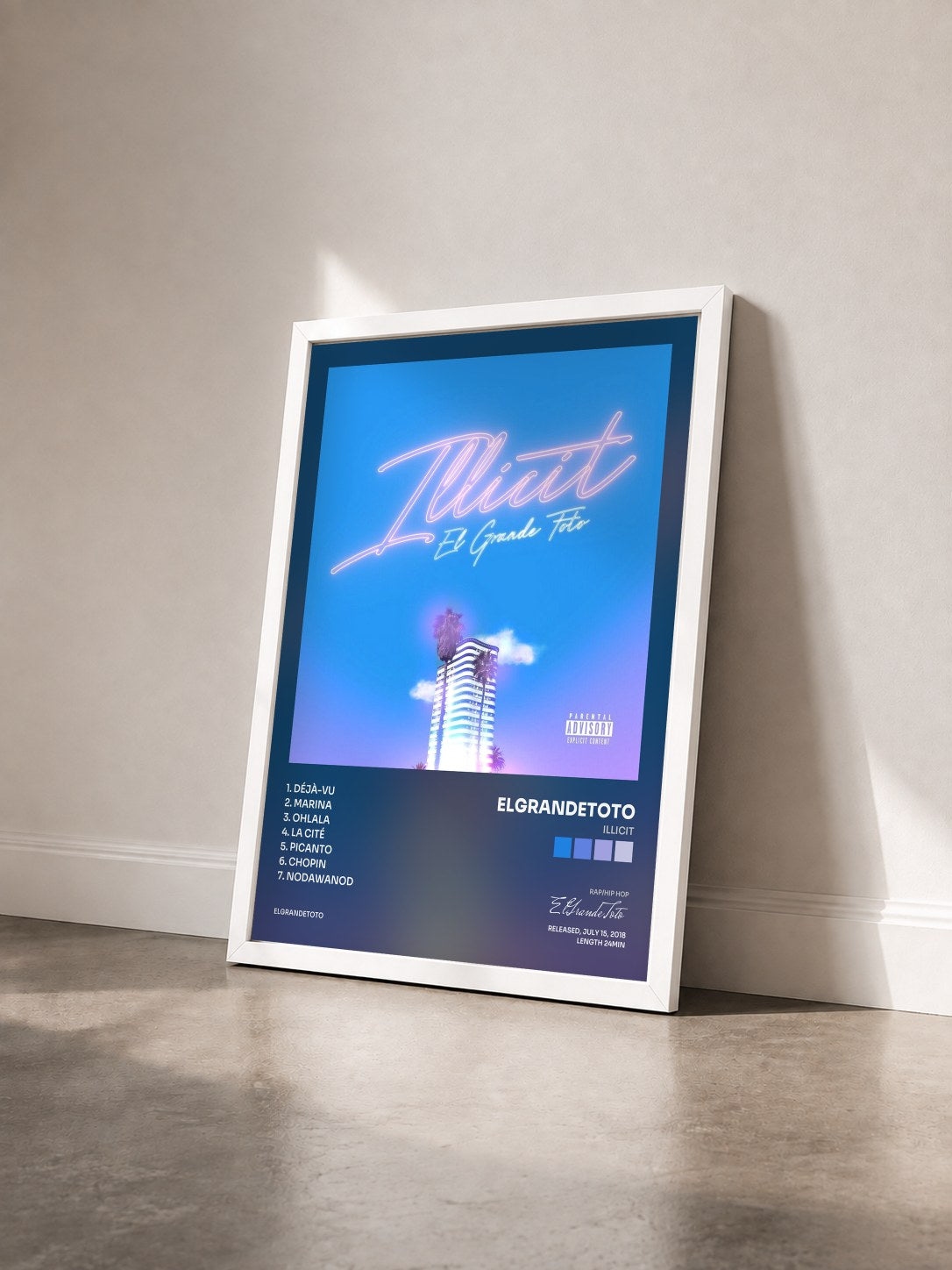#blanc Tableau de l'album Illicit de ElGrandeToto vu de trois quarts, cadre blanc