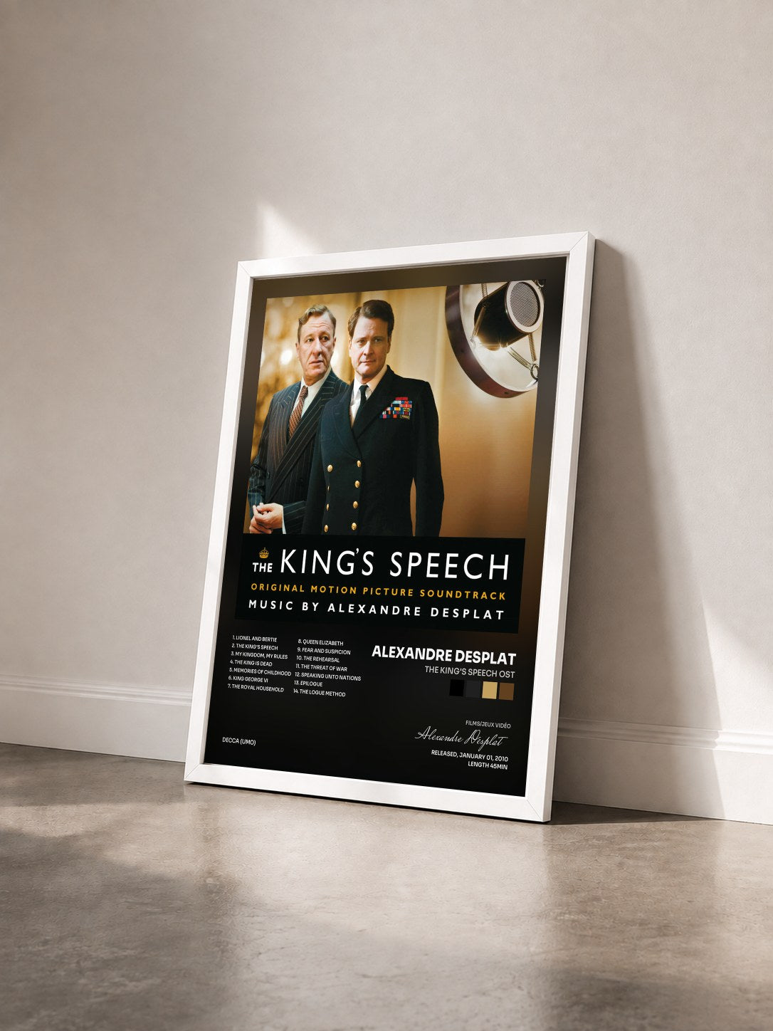 #blanc Tableau de l'album The King's Speech OST de Alexandre Desplat vu de trois quarts, cadre blanc