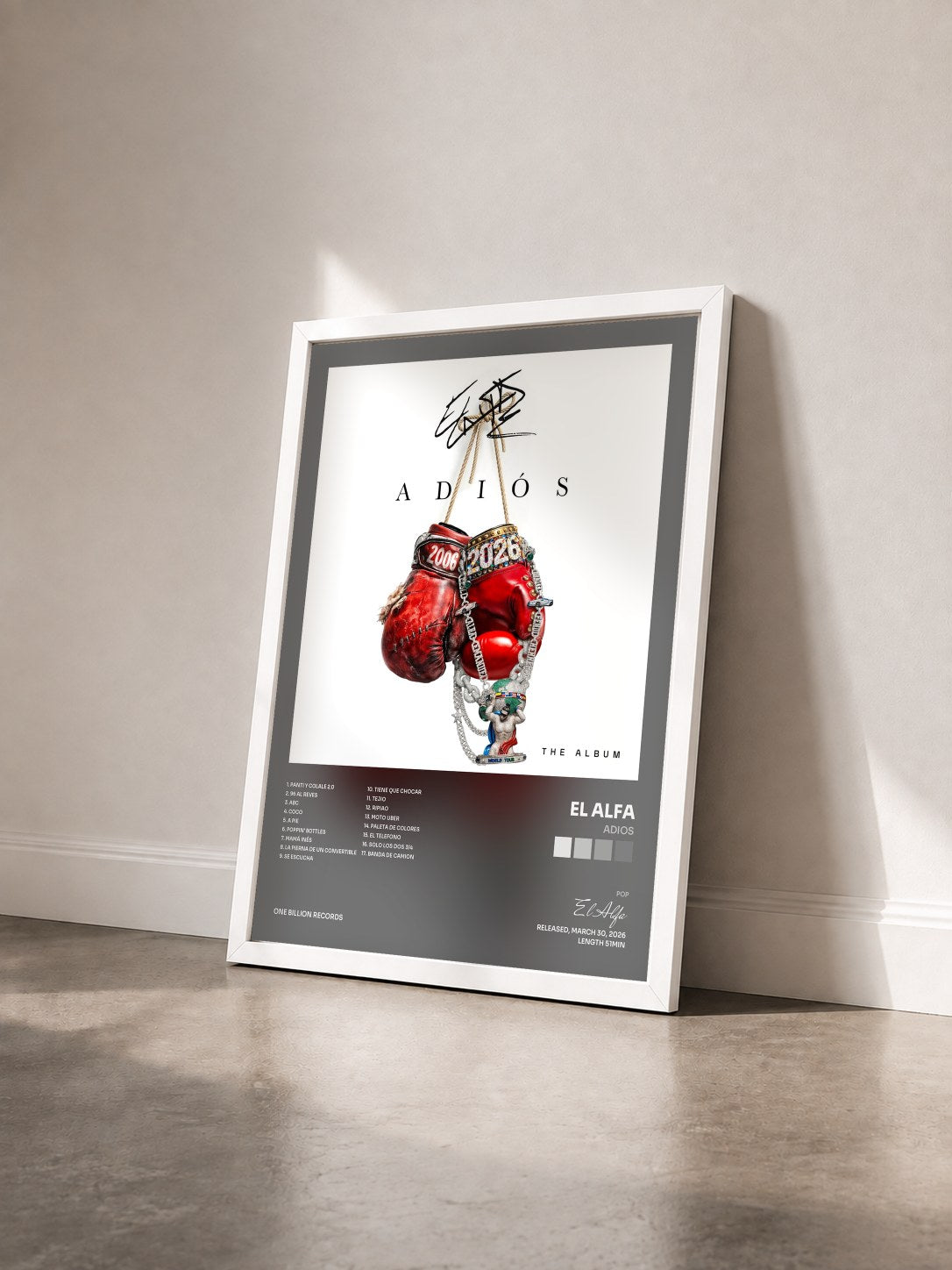 #blanc Tableau de l'album ADIOS de El Alfa vu de trois quarts, cadre blanc