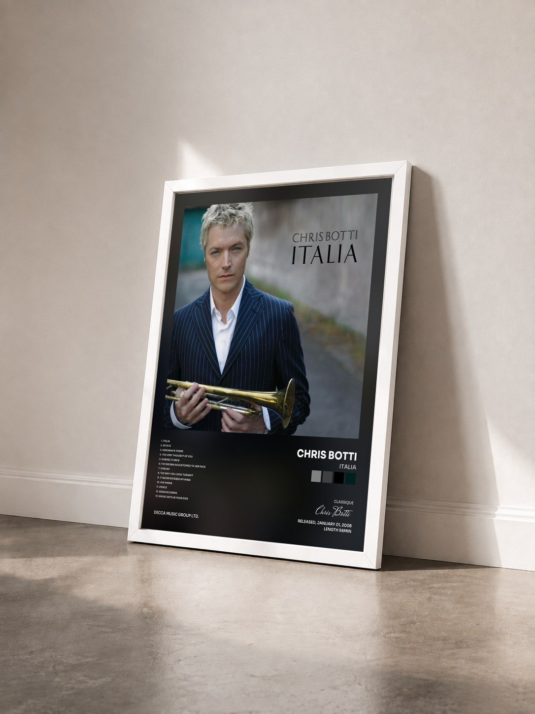 #blanc Tableau de l'album Italia de Chris Botti vu de trois quarts, cadre blanc