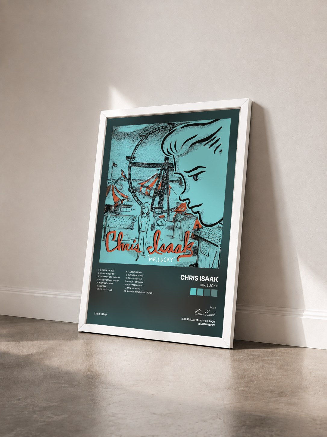 #blanc Tableau de l'album Mr. Lucky de Chris Isaak vu de trois quarts, cadre blanc