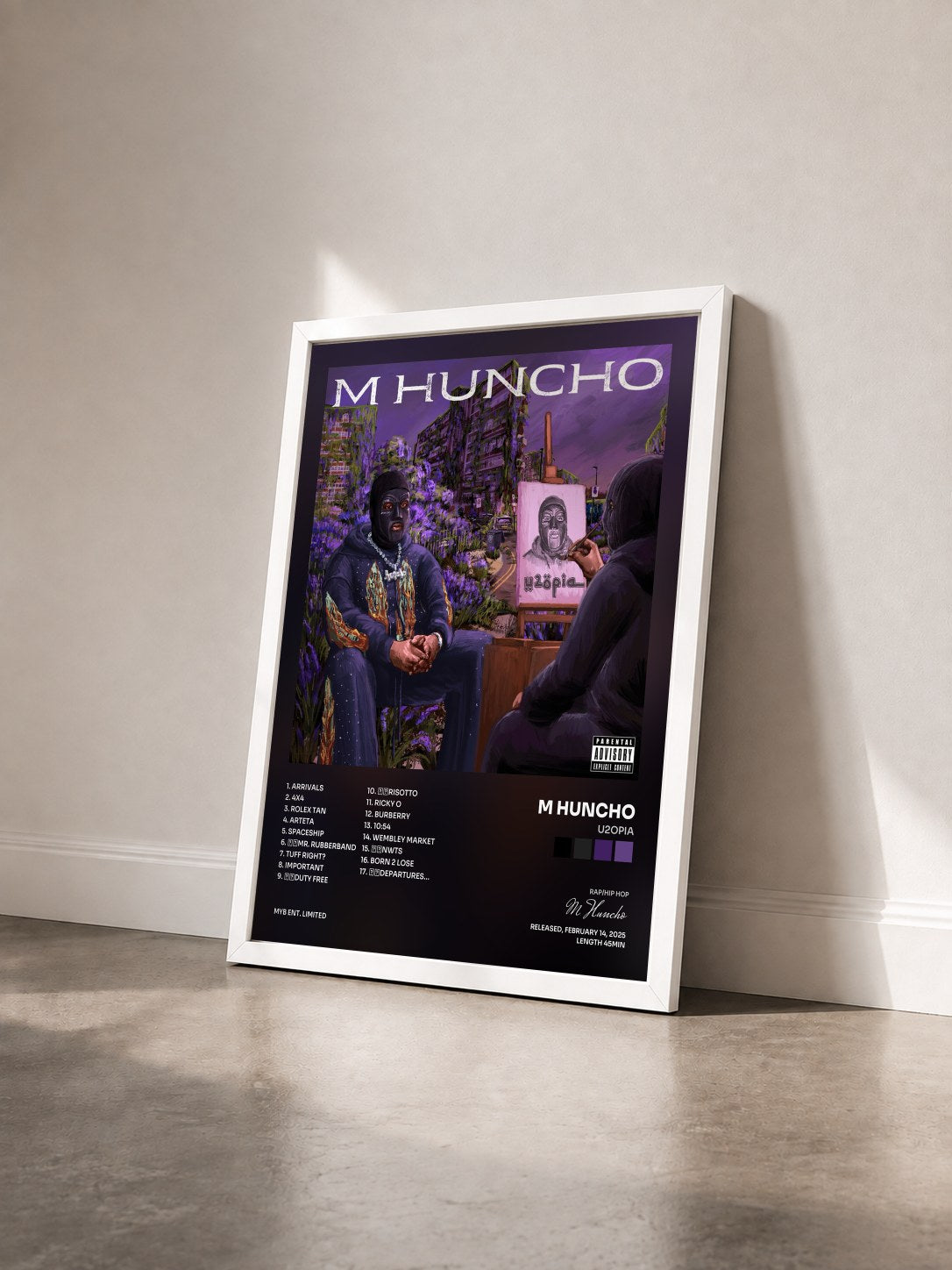 #blanc Tableau de l'album U2OPIA de M Huncho vu de trois quarts, cadre blanc