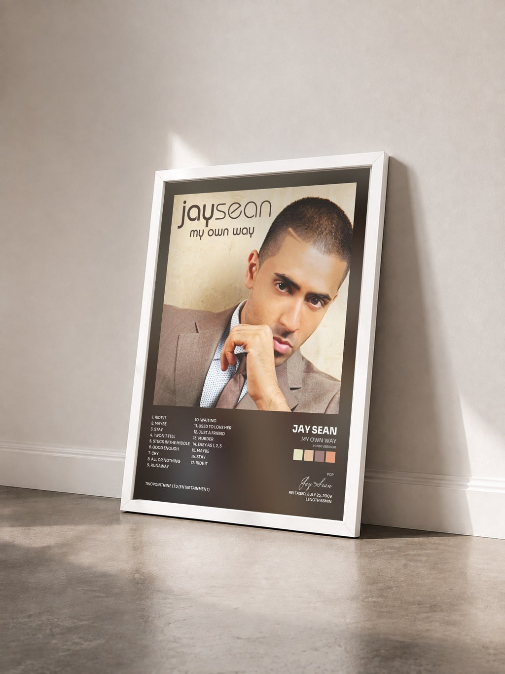#blanc Tableau de l'album My Own Way (Hindi Version) de Jay Sean vu de trois quarts, cadre blanc