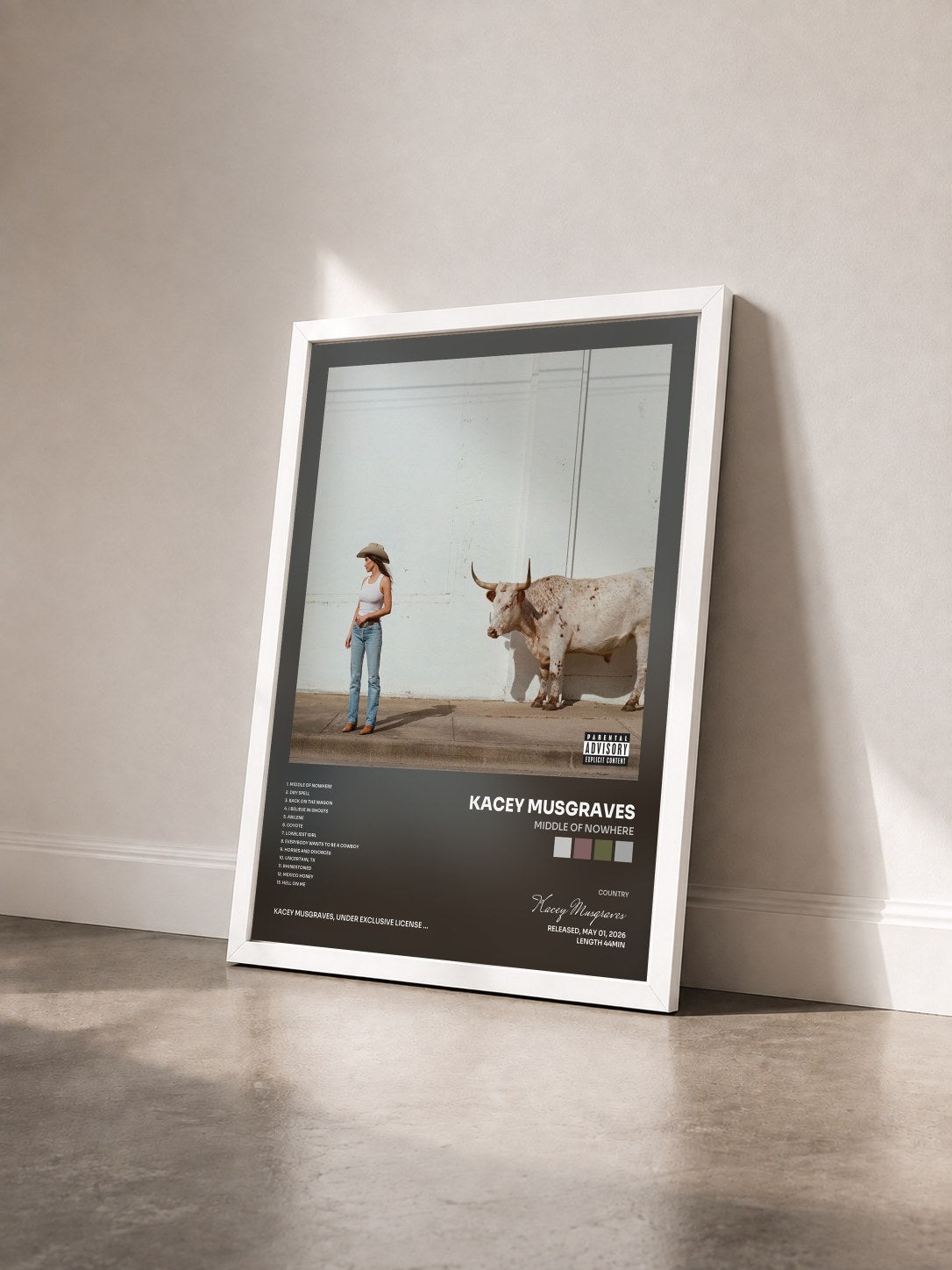 #blanc Tableau de l'album Middle of Nowhere de Kacey Musgraves vu de trois quarts, cadre blanc