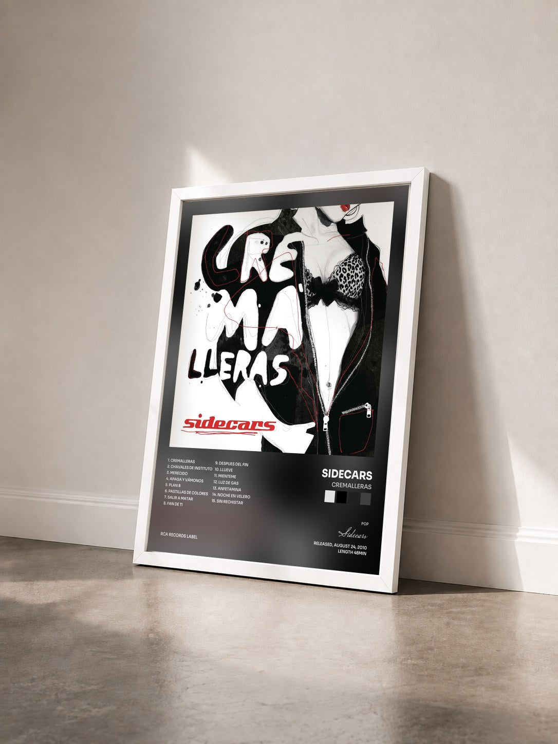 #blanc Tableau de l'album Cremalleras de Sidecars vu de trois quarts, cadre blanc