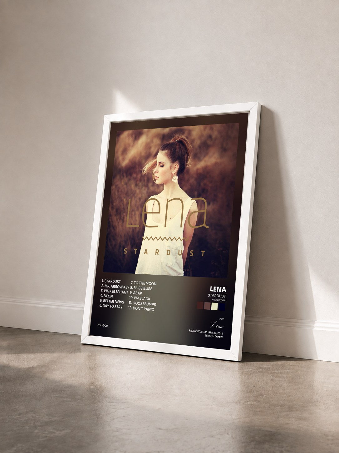 #blanc Tableau de l'album Stardust (New Edition) de Lena vu de trois quarts, cadre blanc