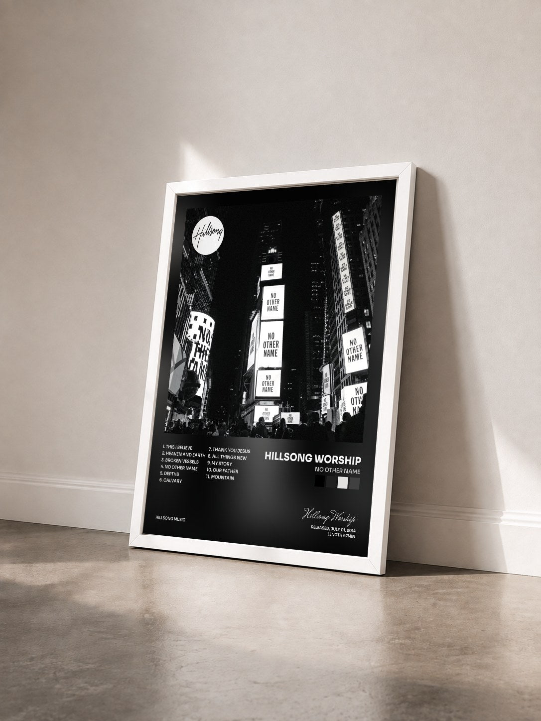 #blanc Tableau de l'album No Other Name de Hillsong Worship vu de trois quarts, cadre blanc