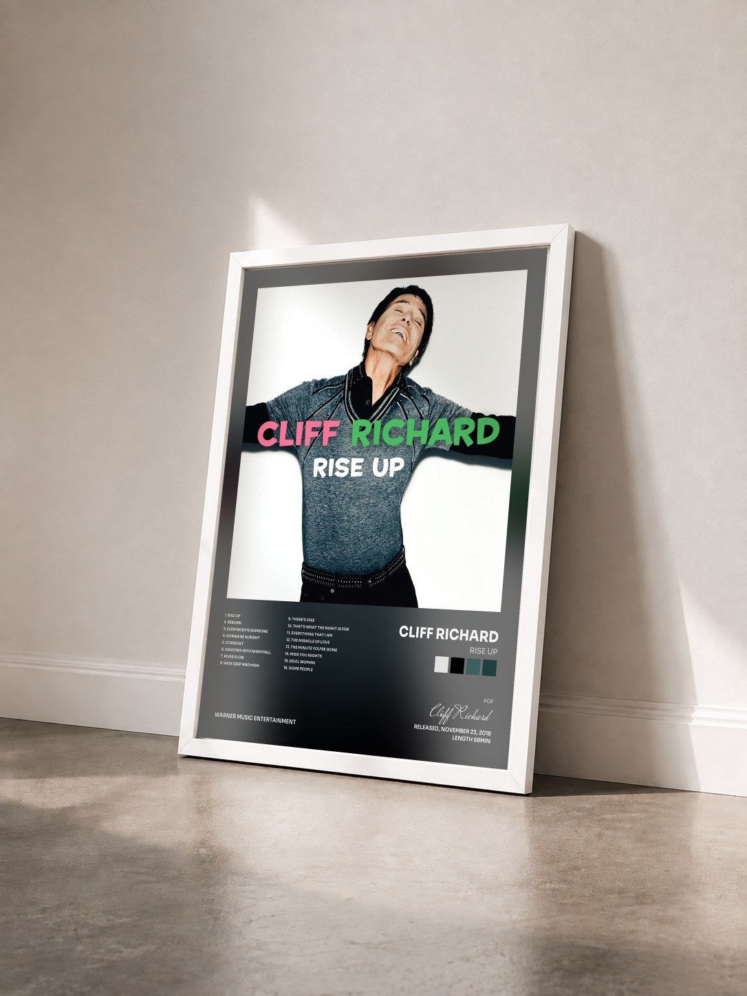 #blanc Tableau de l'album Rise Up de Cliff Richard vu de trois quarts, cadre blanc