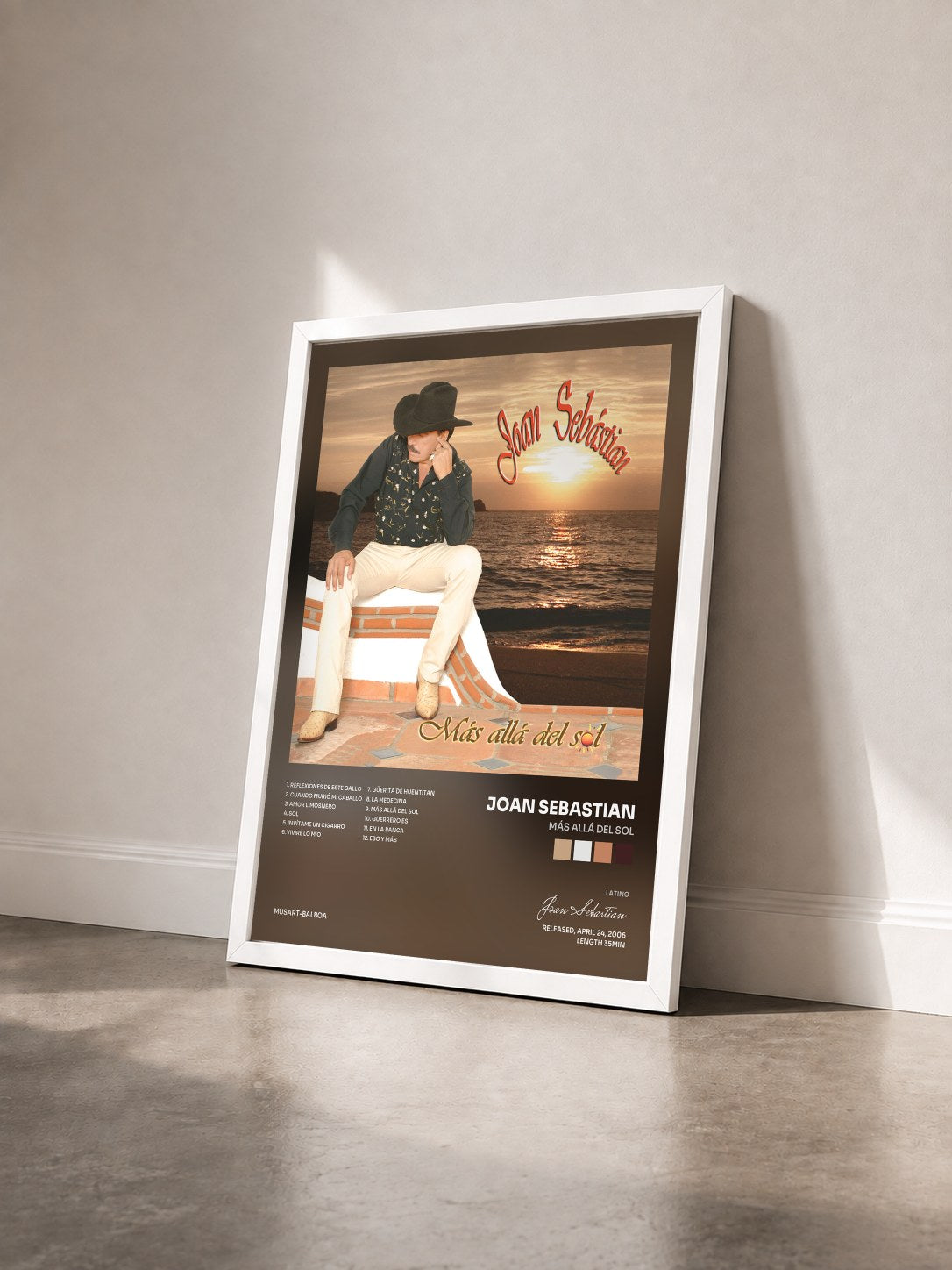 #blanc Tableau de l'album Más Allá Del Sol de Joan Sebastian vu de trois quarts, cadre blanc