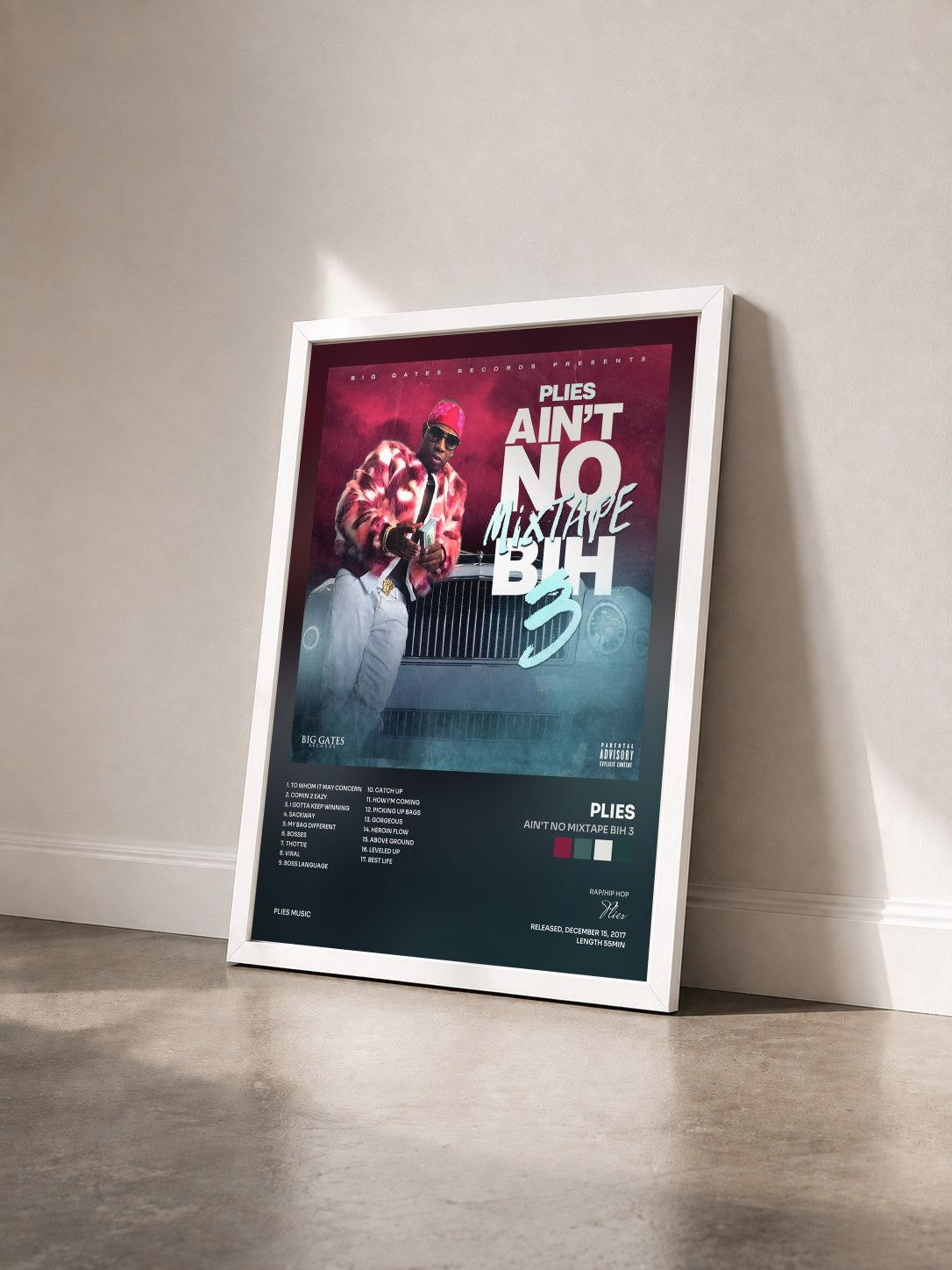 #blanc Tableau de l'album Ain't No Mixtape Bih 3 de Plies vu de trois quarts, cadre blanc