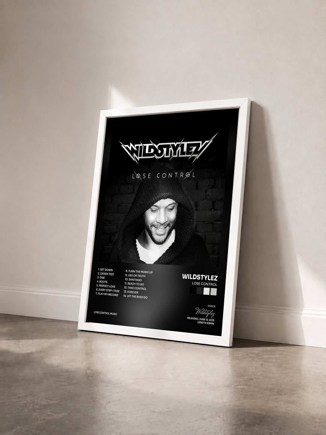 #blanc Tableau de l'album Lose Control de Wildstylez vu de trois quarts, cadre blanc