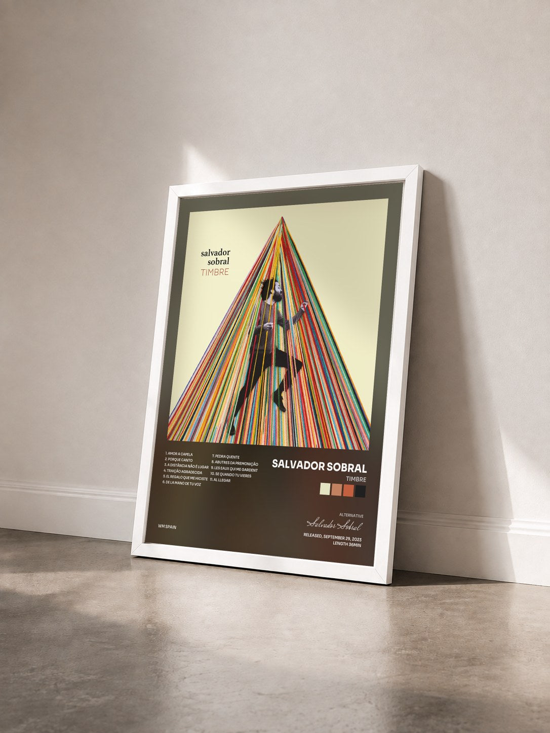 #blanc Tableau de l'album TIMBRE de Salvador Sobral vu de trois quarts, cadre blanc