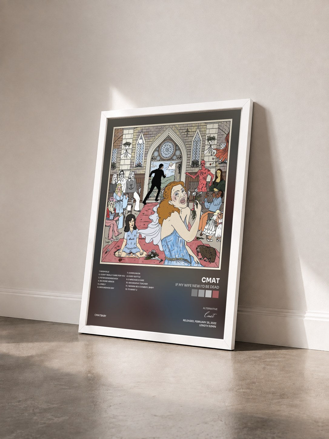 #blanc Tableau de l'album If My Wife New I'd Be Dead de Cmat vu de trois quarts, cadre blanc
