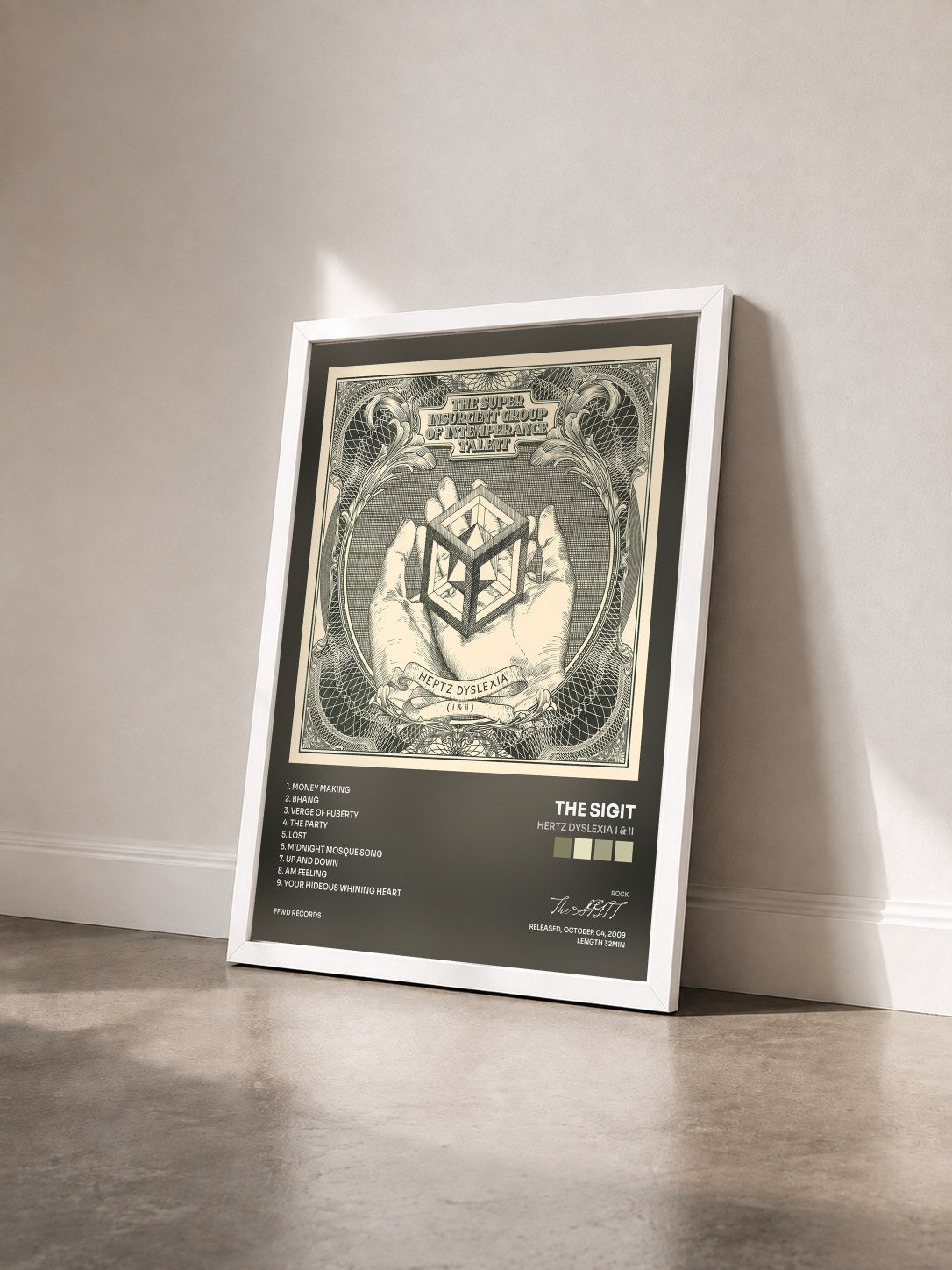 #blanc Tableau de l'album Hertz Dyslexia I & II de The SIGIT vu de trois quarts, cadre blanc